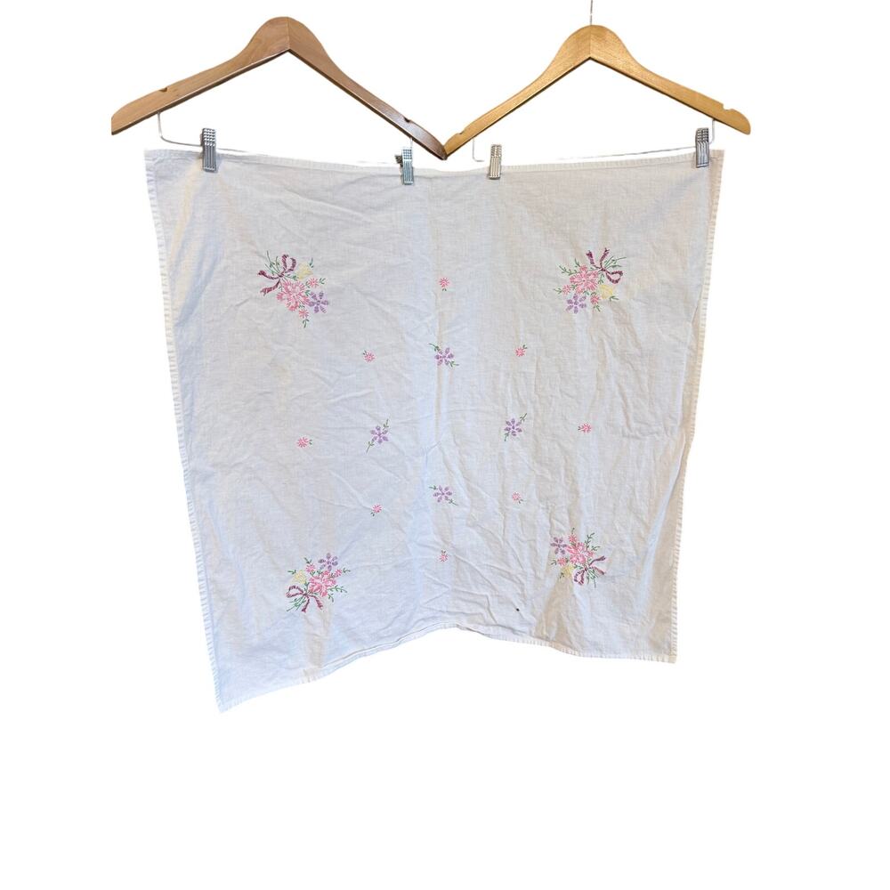 Vintage handmade white embroidered tablecloth floral cottagecore square 30X30